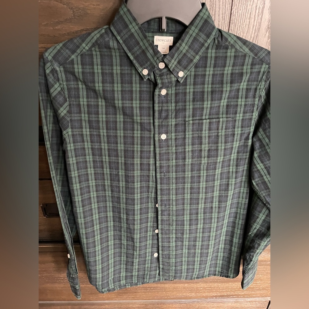 Crewcuts Boys 14 Christmas Casual Green Plaid Shirt